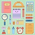 Various kawaii cute stationery set school supplies illustration