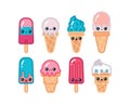 Various kawaii Ice cream. Cute outline characters. Colored Vector set