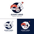 Cute kawaii Sushi family, rolls, nigiri. Vector logo, corporate identity of the restaurant, sushi bar, menu. Japanese