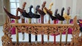 Various keris or traditional Indonesian weapons with unique wood carvings are arranged in place of weapons Royalty Free Stock Photo