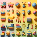 Various kid toddler toys on colorful background