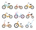 Various kids bikes collection. Colorful bicycles with different frame types. Vector flat illustration set.