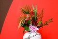 Various kind of auspicious plants in a vase isolated on a red background Royalty Free Stock Photo