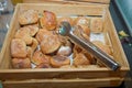 Various kind of breads in a wooden box on a breakfast buffet. Hotel Open Buffet Bread . Pastries and Garlic Bread Served in a