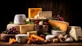 Various kind of cheese served on wooden table, traditional pieces of french and italy hand-made cheese. Generative Ai