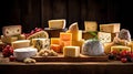 Various kind of cheese served on wooden table, traditional pieces of french and italy hand-made cheese. Generative Ai
