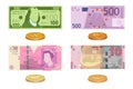 Various kind of money used in the world. Money banknotes and gold coins. Cash money paper. Royalty Free Stock Photo