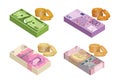 Various kind of money used in the world. Money banknotes and gold coins. Cash money paper.