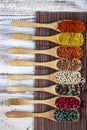 Various kind of spices in wooden spoons. Various spices in wooden spoon on wood table background, black pepper, cumin, turmeric, Royalty Free Stock Photo