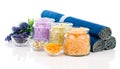 Various kinds of bath salt with flowers Royalty Free Stock Photo