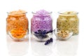 various kinds of bath salt with flowers Royalty Free Stock Photo