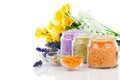 Various kinds of bath salt with flowers