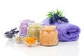 Various kinds of bath salt with flowers Royalty Free Stock Photo