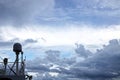 Various kinds of colorful blue sky, white clouds and open spaces of the world ocean. Seascapes. View from the side of a sea ship w Royalty Free Stock Photo