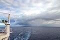 Various kinds of colorful blue sky, white clouds and open spaces of the world ocean. Seascapes. View from the side of a sea ship w Royalty Free Stock Photo