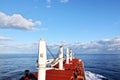 Various kinds of colorful blue sky, white clouds and open spaces of the world ocean. Seascapes. View from the side of a sea ship w Royalty Free Stock Photo