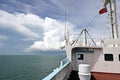 Various kinds of colorful blue sky, white clouds and open spaces of the world ocean. Seascapes. View from the side of a sea ship w Royalty Free Stock Photo
