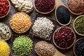 Various kinds of dry organic cereal and grain seeds Royalty Free Stock Photo