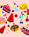 Various kinds of fruit, cake, donut, candy