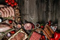 Various kinds of grill and bbq raw meats. Chicken, steak, sausages, minced beef meat kebabs, pork with herbs, spices on wooden Royalty Free Stock Photo