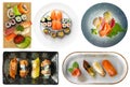 Various kinds of served ready to eat sushi and sashimi isolated