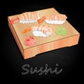 Various kinds of sushi served on wood desk black background