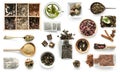 Various kinds of tea, rustic dishware, cinnamon, topview