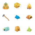 Various kinds of tents and other tourist accessories. The tent set collection icons in cartoon style vector symbol stock Royalty Free Stock Photo