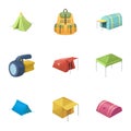 Various kinds of tents and other tourist accessories. The tent set collection icons in cartoon style vector symbol stock Royalty Free Stock Photo