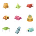 Various kinds of tents and other tourist accessories. The tent set collection icons in cartoon style vector symbol stock Royalty Free Stock Photo