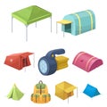 Various kinds of tents and other tourist accessories. The tent set collection icons in cartoon style vector symbol stock Royalty Free Stock Photo