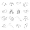 Various kinds of tents and other tourist accessories. The tent set collection icons in line style vector symbol stock Royalty Free Stock Photo