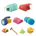 Various kinds of tents and other tourist accessories. Royalty Free Stock Photo