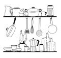 Various kitchen utensils for cooking, tools for food preparation or cookware standing on shelves and hanging on hooks on
