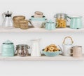 Various kitchen utensils and food ingredients isolated on wooden shelves