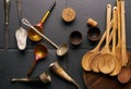 Various kitchen utensils wooden spoon round cutting board Royalty Free Stock Photo