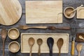 Various kitchen utensils on wooden table background Royalty Free Stock Photo