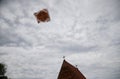 Various kites flying in the blue sky at the kite festival, Zapyskis, Lithuania