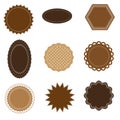 Various labels in shades of brown