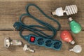 Various lamps and multi-outlet extension cord Royalty Free Stock Photo