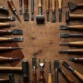 Various leather crafting tools arranged on a wooden surface form a rectangular Royalty Free Stock Photo