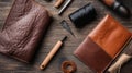 Leather crafting tools arranged on a wooden surface, ready for handiwork. Royalty Free Stock Photo