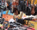 Various leather goods at the flea market Royalty Free Stock Photo