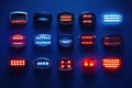 Various LED car headlights and tail lights are artistically arranged on a dark background, providing an interesting Royalty Free Stock Photo