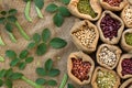 Various of Legumes bean seeds with pea leaf background Royalty Free Stock Photo