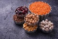 Various legumes. Chickpeas, red lentils, black lentils, yellow p Royalty Free Stock Photo