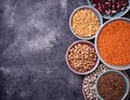 Various legumes. Chickpeas, red lentils, black lentils, yellow p Royalty Free Stock Photo