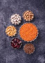 Various legumes. Chickpeas, red lentils, black lentils, yellow p Royalty Free Stock Photo