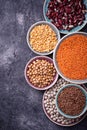 Various legumes. Chickpeas, red lentils, black lentils, yellow p Royalty Free Stock Photo