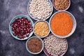 Various legumes. Chickpeas, red lentils, black lentils, yellow p Royalty Free Stock Photo